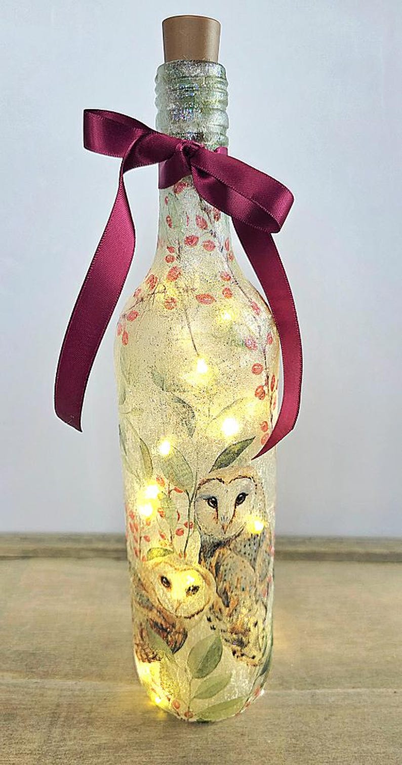 Barn Owl Bottle Lamp | Decoupage Rustic LED Light | Woodland Decor Nature Gift