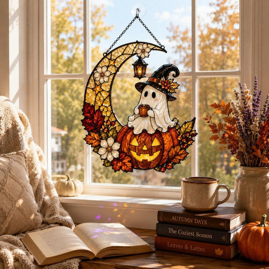 Ghost Pumpkin Moon Acrylic Suncatcher, Ghost Drinking Coffee Window Hanging, Halloween Suncatcher, Thanksgiving Gift For Coffee Lovers