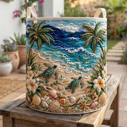 Turtle Quilted Laundry Basket: Coastal Marine Ocean Sea Life Storage Bin, Quilt Fabric Hamper
