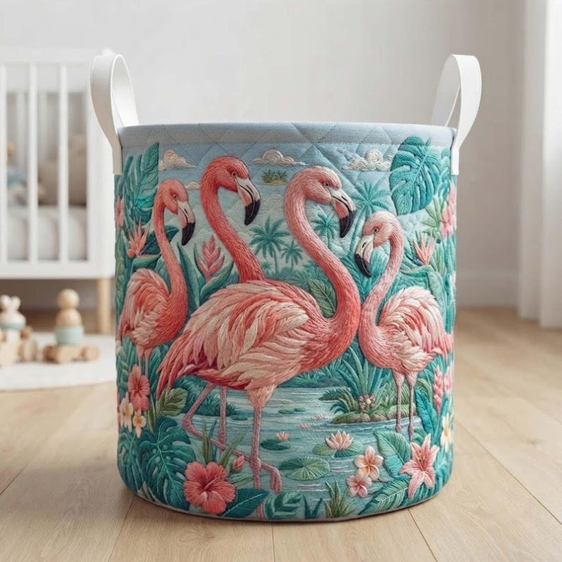 Flamingo Charm Quilted Laundry Basket: Tropical Flamingo Hamper, Elegant Storage Bin