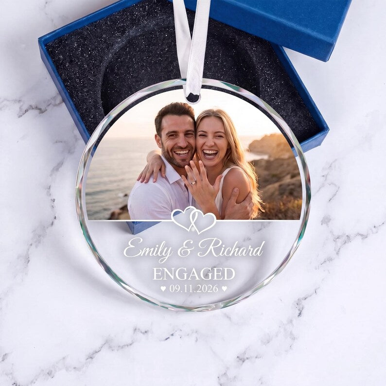 Engagement GLASS Ornament,Married Ornament,Personalization Marriage Proposal Gift,Our First Christmas Engaged Photo Ornament,Gift For Couple