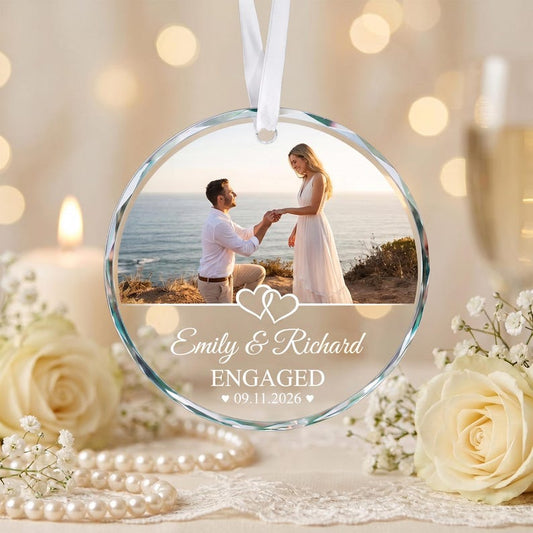 Engagement GLASS Ornament,Married Ornament,Personalization Marriage Proposal Gift,Our First Christmas Engaged Photo Ornament,Gift For Couple