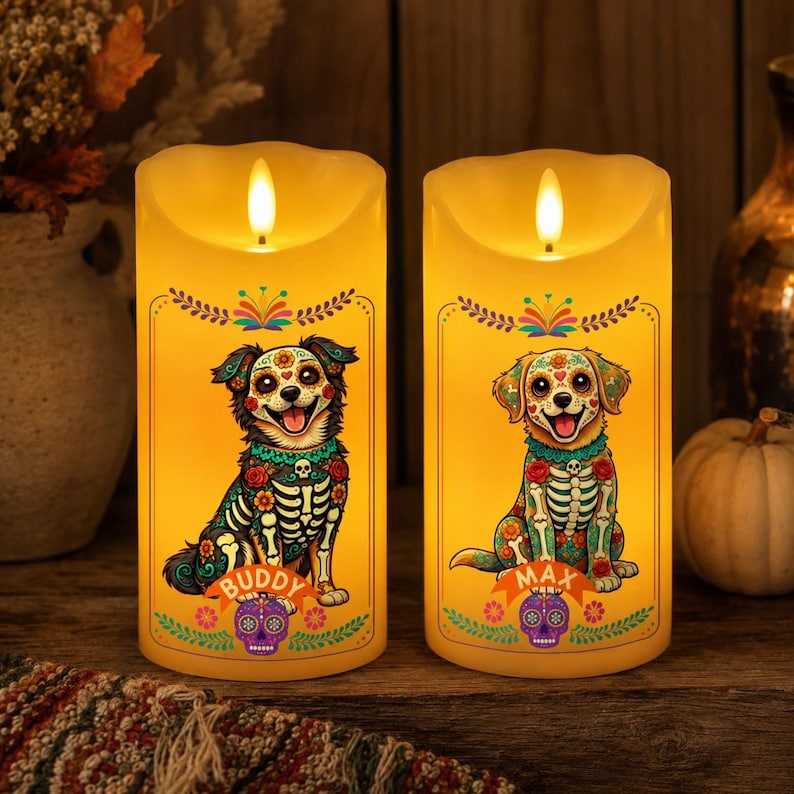 Personalized Day of Dead Pet Candle, Custom Dog Portrait, Memorial Gift for Pet Lovers