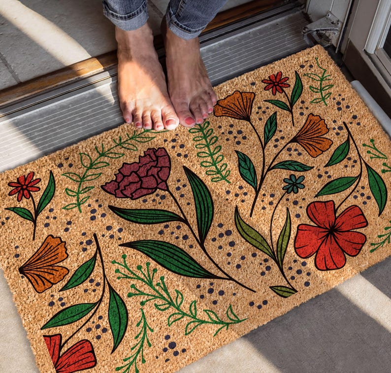Floral Coir Doormat, Vintage Spring Flowers, Housewarming Gift