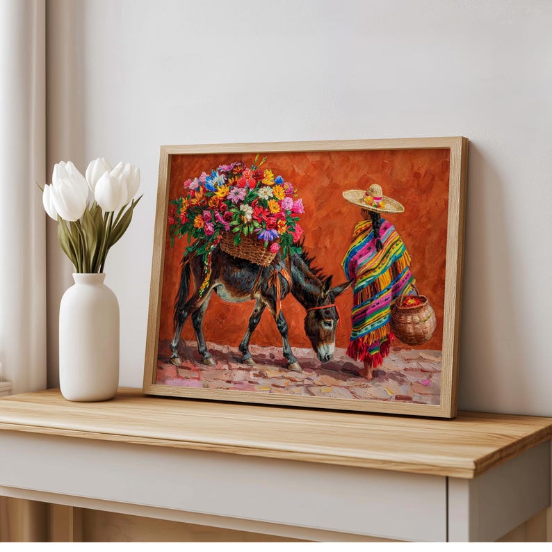 Mexican Floral Donkey Wall Art, Latina Flower Market Folk Art, Vibrant Cultural Serape Print, Mexico Decor, Colorful Latin American Painting