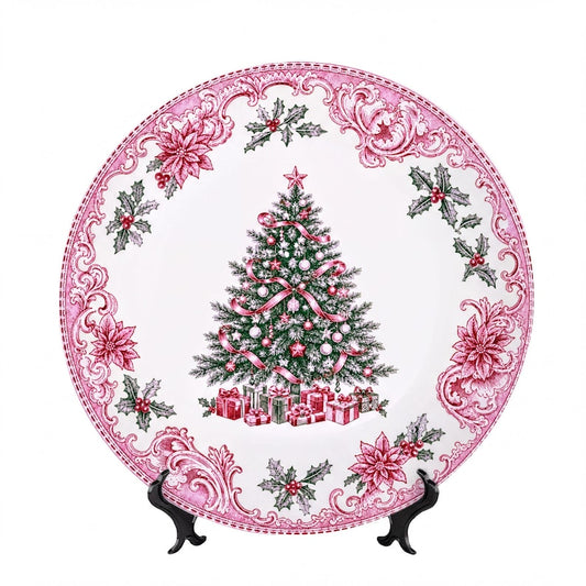 Chic Christmas Tree Decorative Plate, Pink Holiday Home Decor, Elegant Xmas Table Decor, Festive Room Decor Display