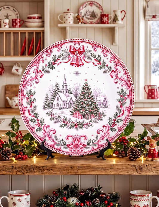 Elegant and Chic Decorative Plate | Christmas Village Scene, Festive Bells & Holly, Holiday Home Decor, Winter Wonderland Dinnerware Display