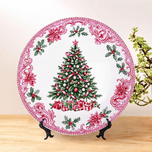 Elegant Chic Christmas Tree Decorative Plate | Festive Poinsettia Holiday Home Decor | Classic Kitchen Display Gift