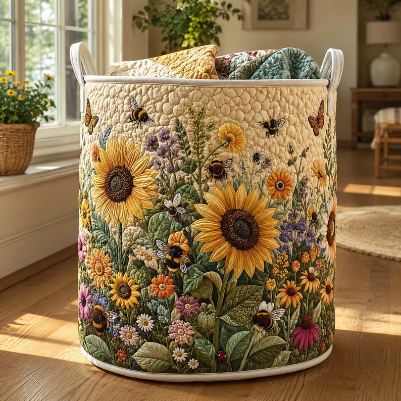 Sunflower Quilted Laundry Basket: Botanical Yellow Flower Storage Bin, Quilt Fabric Hamper