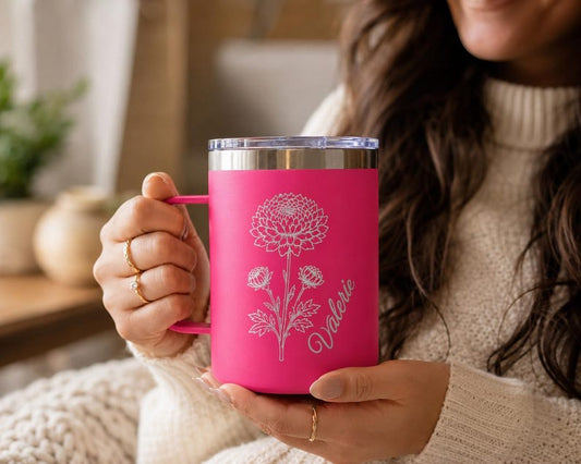 Personalized Birth Flower Mug | Engraved Insulated Coffee Mug with Name | Birthday Gift for Her | Custom Floral Travel Mug | Christmas Gift