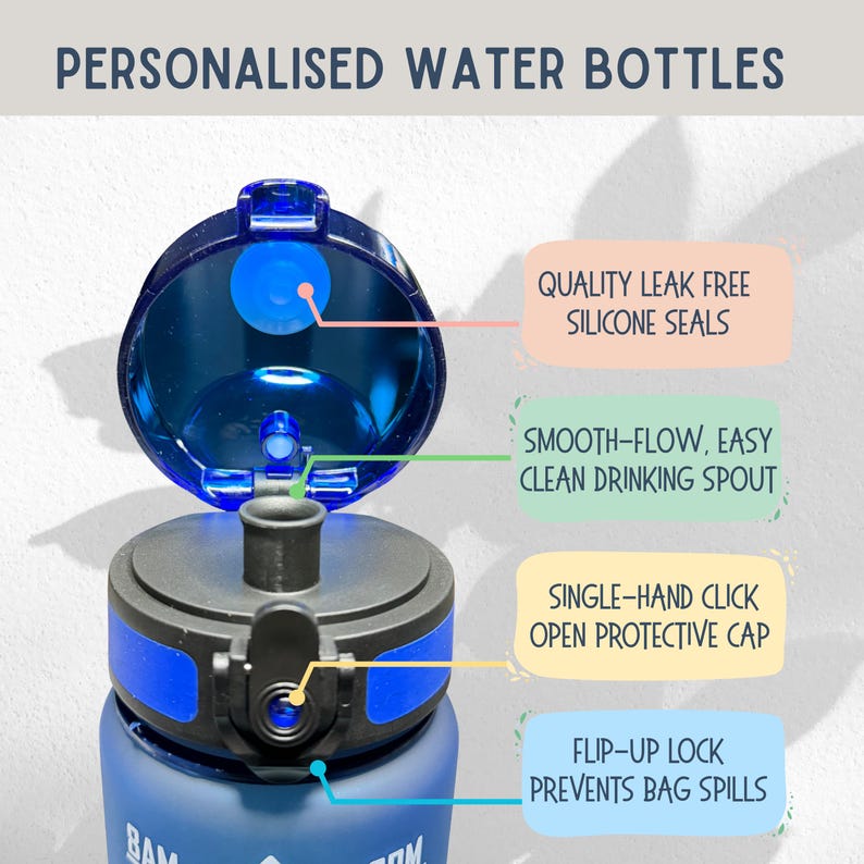 Personalised Water Bottle with Spout, Leak Proof, BPA-Free, Time Markings