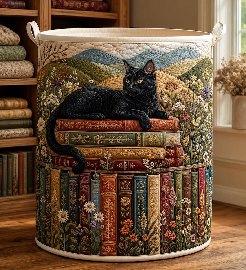 Bookish Cat Quilted Laundry Basket: Cozy Kitten Reading Books Storage Bin, Quilt Fabric Hamper