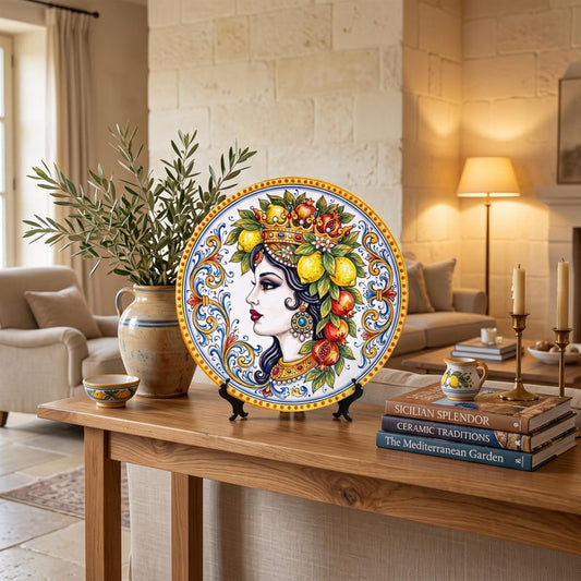 Decorative Mediterranean Queen Ceramic Display Plate Inspired by Vintage Sicilian Folk Art Design