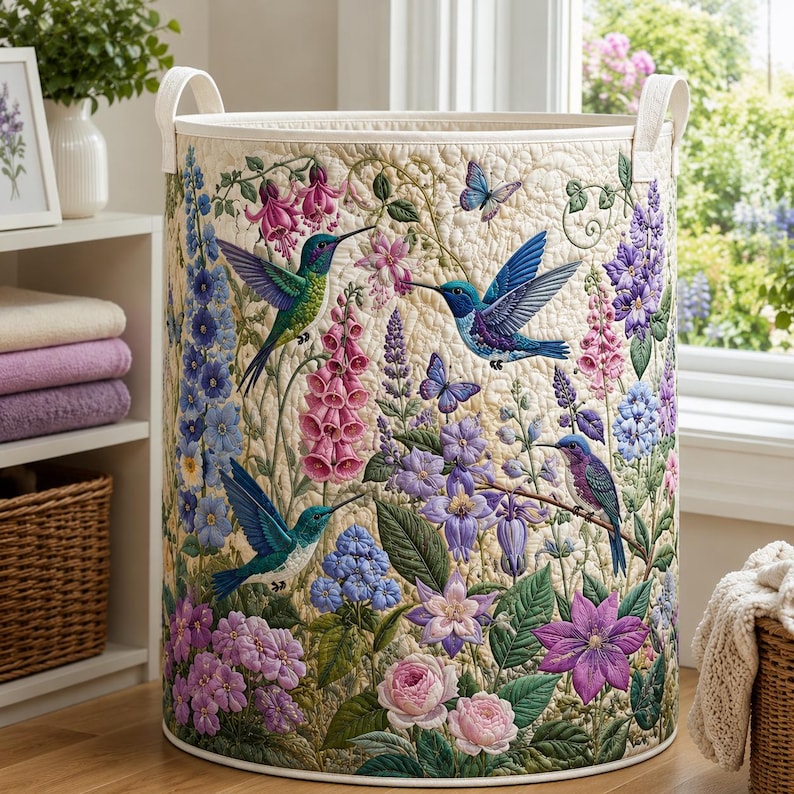 Hummingbird Garden Quilted Laundry Basket: Botanical Floral Storage Bin, Quilt Fabric Hamper