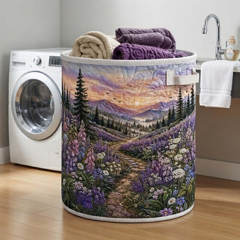 Lavender Path Quilted Laundry Basket: Botanical Purple Floral Storage Bin, Quilt Fabric Hamper