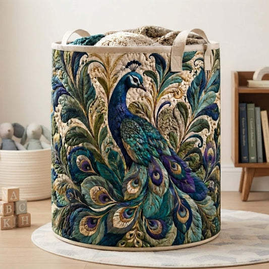 Majestic Peacock Quilted Laundry Basket: Botanical Bird Animal Storage Bin, Quilt Fabric Hamper