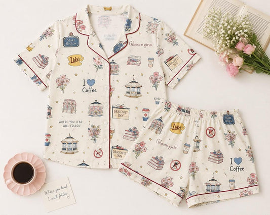 Cozy Coffee Pajama Set for Women, Book Lover Sleepwear, Vintage Small Town Lounge Set, Floral Pajamas, Long Sleeve PJ Set