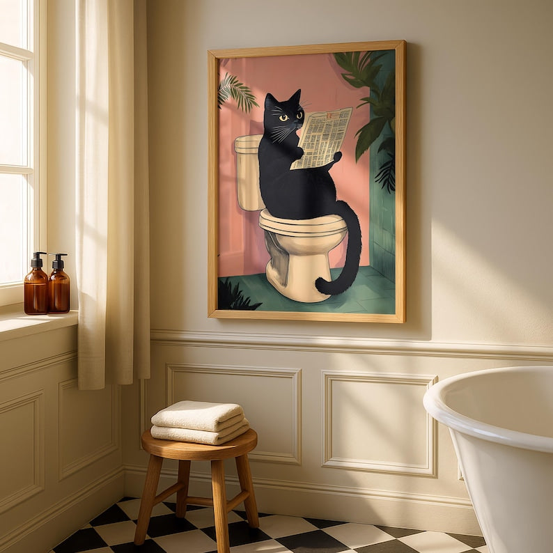 Black Cat Bathroom Art Print - Funny Home Decor - Prints for bathroom - Shower Wall Art - Bathroom Wall Decor