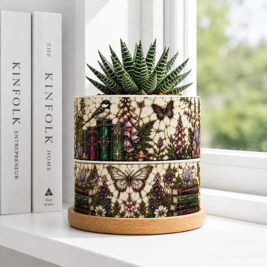 Butterfly Flowers Bookshelf Stained Glass Style Plant Pot, Home Decor, Librarian Gift, Teacher Back to School Gift, Book Lover Gift