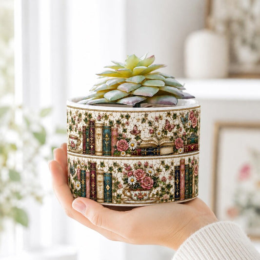 Rose Floral BookSelf Stained-Glass Style Plant Pot, Book Lover Gift, Bookish Pot, Library Gift, Bookworm Gift for Reader, Teacher Gift