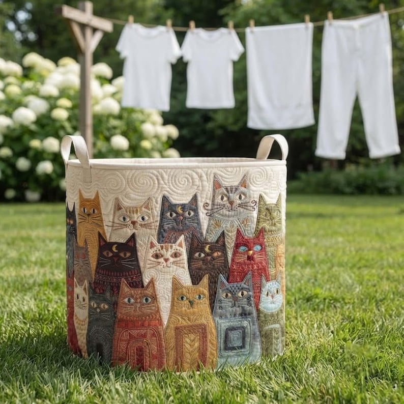 Colorful Cat Quilted Laundry Basket: Cute Cats Clothes Hamper, Whimsical Pet Storage Bin