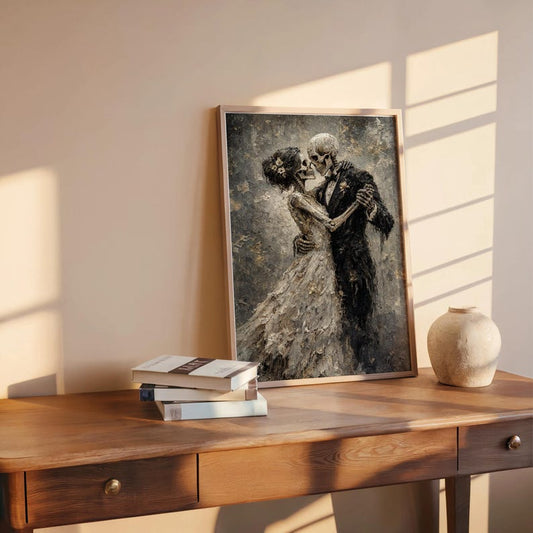 Skeletons Dancing Print, Gothic Romantic Couple Decor, Dark Academia Macabre Painting, Halloween Moody Wall Art, Victorian Occult Lovers Art