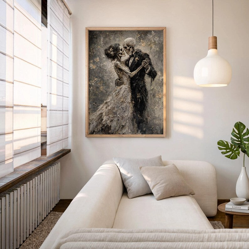 Skeletons Dancing Print, Gothic Romantic Couple Decor, Dark Academia Macabre Painting, Halloween Moody Wall Art, Victorian Occult Lovers Art