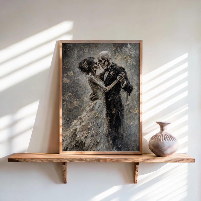 Skeletons Dancing Print, Gothic Romantic Couple Decor, Dark Academia Macabre Painting, Halloween Moody Wall Art, Victorian Occult Lovers Art