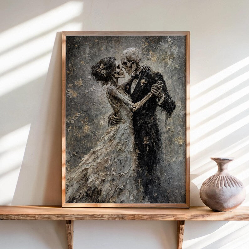 Skeletons Dancing Print, Gothic Romantic Couple Decor, Dark Academia Macabre Painting, Halloween Moody Wall Art, Victorian Occult Lovers Art