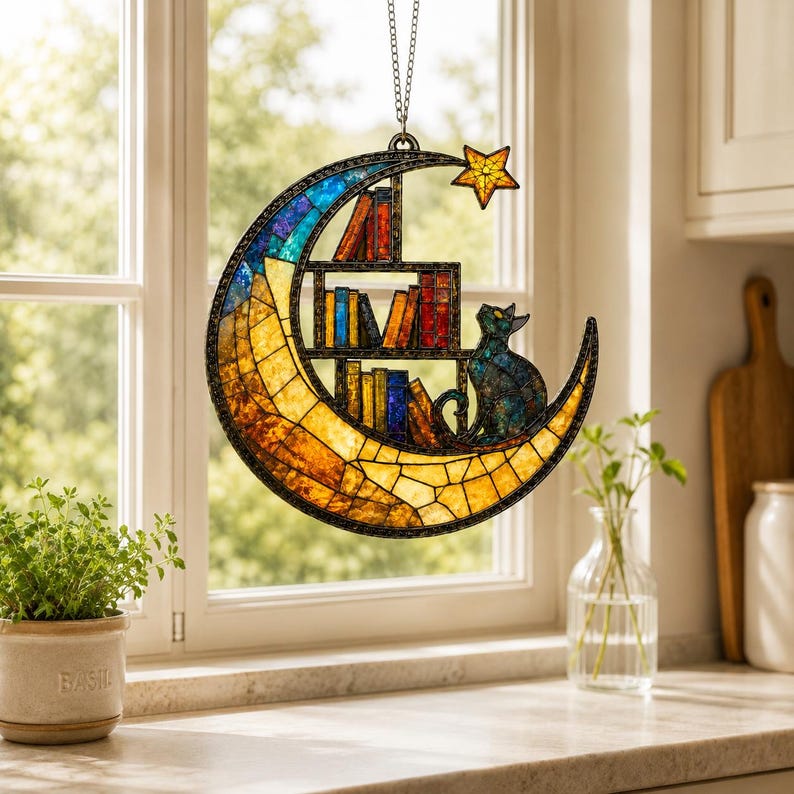 Moon Cat Library Suncatcher, Book Lover Window Decor, Cat Lover Gift