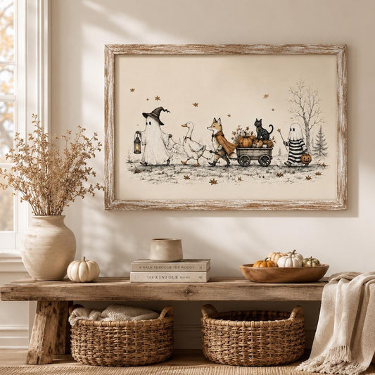Whimsical Halloween Friends Wall Art, Ghost Fox Goose and Black Cat Poster, Vintage Cottagecore Fall Decor, Spooky Season Print