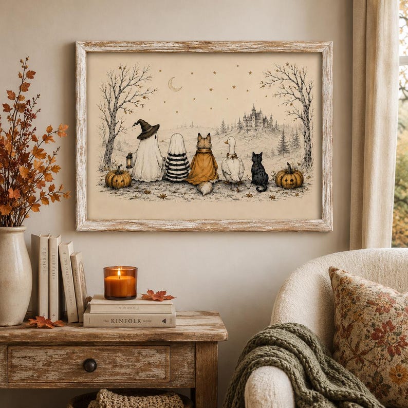 Whimsical Halloween Friends Wall Art, Ghost Fox Goose and Black Cat Poster, Vintage Cottagecore Fall Decor, Spooky Season Print