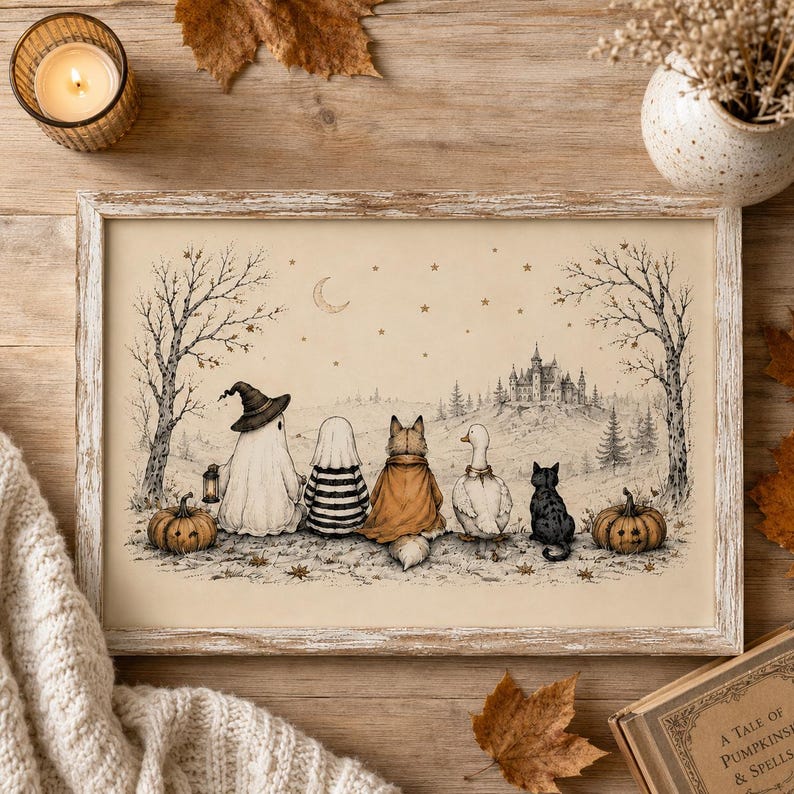 Whimsical Halloween Friends Wall Art, Ghost Fox Goose and Black Cat Poster, Vintage Cottagecore Fall Decor, Spooky Season Print