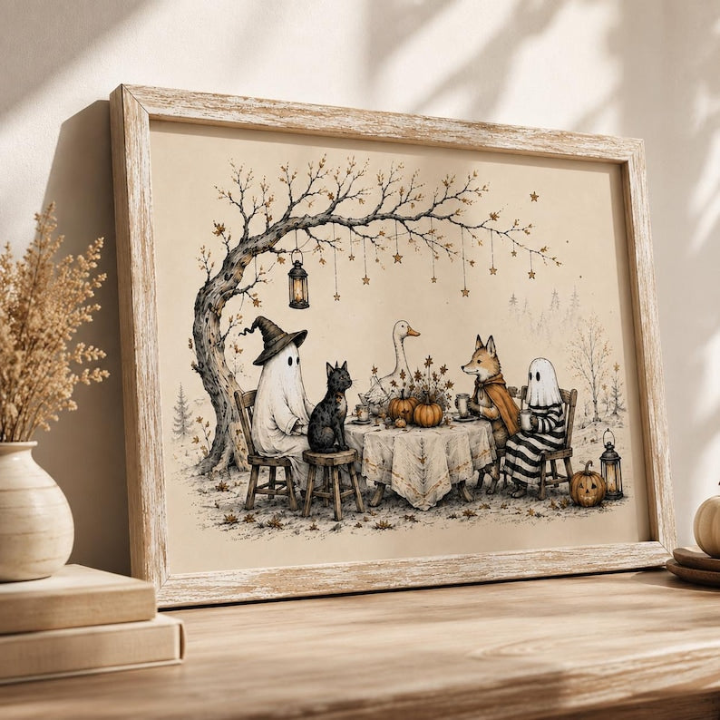 Whimsical Halloween Friends Wall Art, Ghost Fox Goose and Black Cat Poster, Vintage Cottagecore Fall Decor, Spooky Season Print