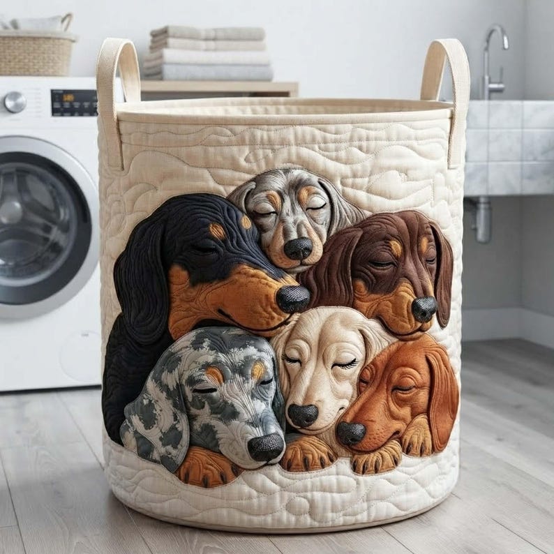 Sleeping Dachshund Quilted Laundry Basket: Botanical Dog Animal Storage Bin, Quilted Fabric Hamper