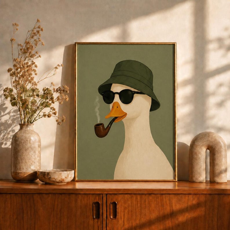 Smoking Duck Poster, Cool Duck with Sunglasses Wall Art, Funny Animal Portrait Print, Sage Green Man Cave Decor, Duck Lover Gift Idea