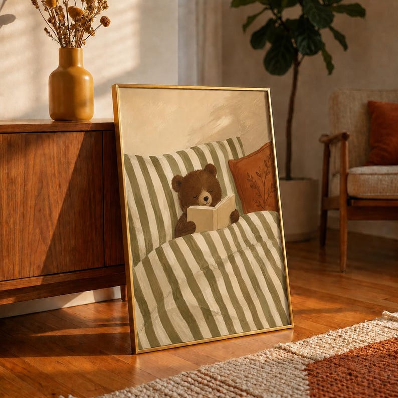 Reading Bear Oil Painting Poster, Bear Cub in Bed with Book Print, Sage Green Nursery Wall Art, Woodland Bedroom Decor, Book Lover Gift