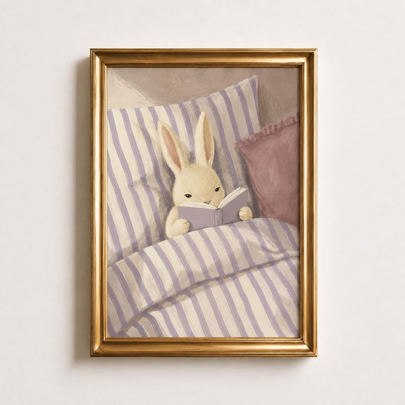Reading Bunny Oil Painting Poster, Rabbit in Bed with Book Print, Lilac Nursery Wall Art, Cozy Kids Bedroom Decor, Book Lover Gift Idea