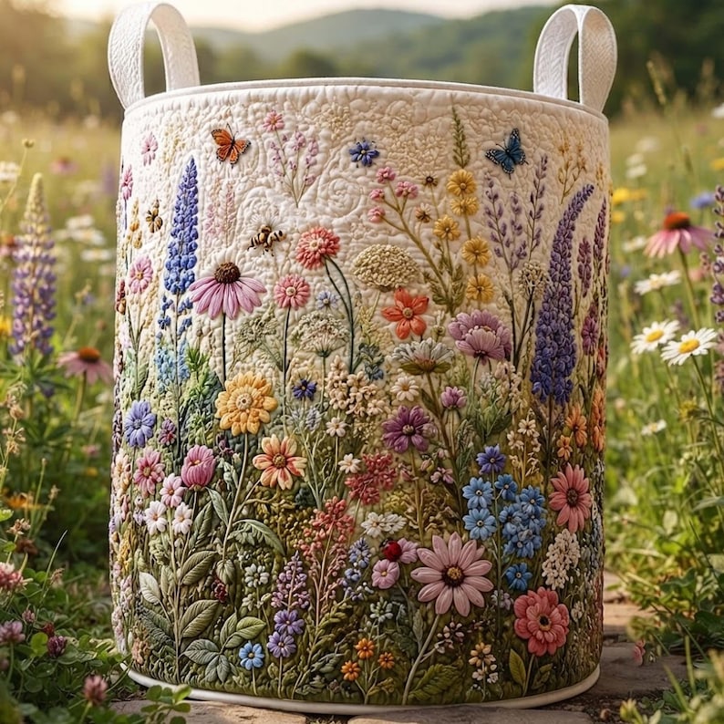 Wildflower Quilted Laundry Basket: Blossom Floral Clothes Hamper, Gift For Mom