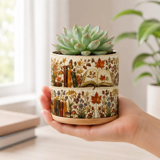 Fall Bookshelf Stained-Glass Style Plant Pot, Floral Bookcase , Bookish Decor Reading Room Art, Librarian Teacher Appreciation, Desk Plant