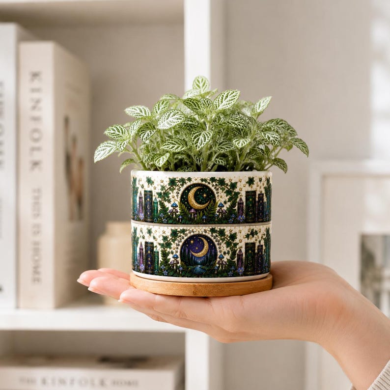 Floral Bookish Stained-Glass Style Moon & Star Plant Pot, Floral Bookshelf, Librarian Gift, Teacher Back to School Gift, Book Lover Gift