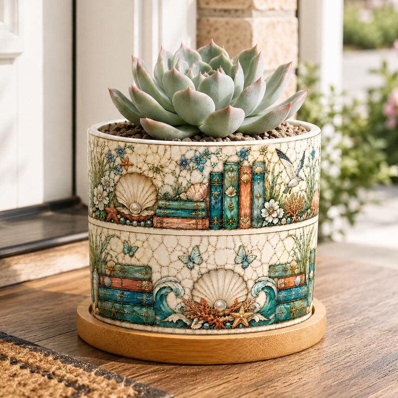 Ocean Stained Glass Bookshelf Design Plant Pot, Reader Gift, Gift for Her, Bookish Decor Reading Room Art, Librarian Teacher Appreciation