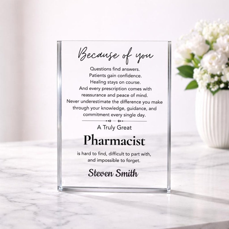 Pharmacist Gift Acrylic Plaque, Personalized Pharmacy Appreciation Gift, Pharm D Graduation Gift, Retirement Gift, Thank You Coworker Gift