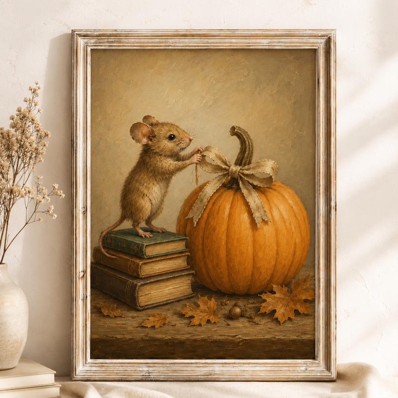 Autumn Mouse Wall Art, Cute Mouse and Pumpkin Poster, Vintage Style Fall Print, Cozy Cottagecore Decor, Gift for Book Lovers
