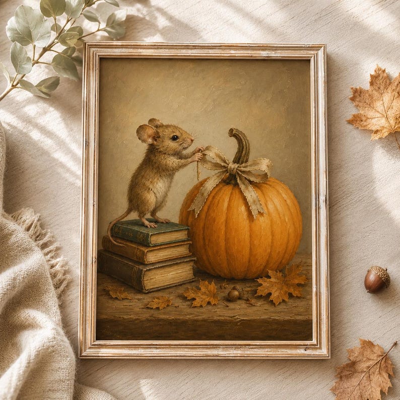Autumn Mouse Wall Art, Cute Mouse and Pumpkin Poster, Vintage Style Fall Print, Cozy Cottagecore Decor, Gift for Book Lovers