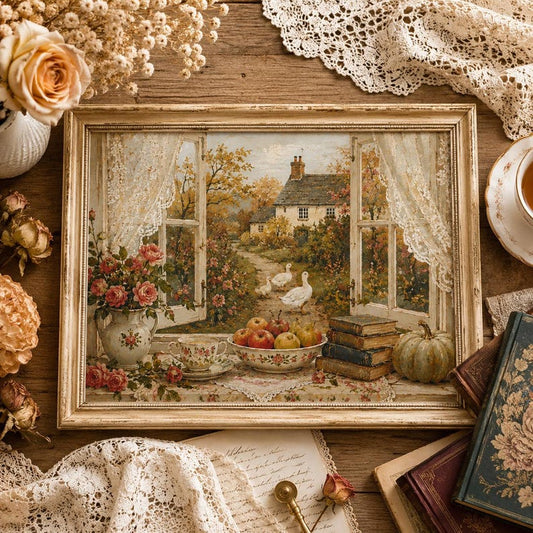 Cottage Goose Window Wall Art, Autumn Tea and Apple Poster, Vintage Style Farmhouse Print, Cozy Kitchen Decor, Gift for Goose Lovers