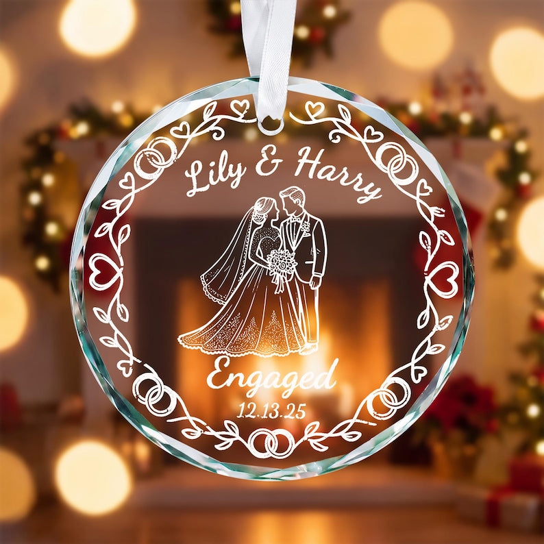 Personalized Engagement Ornament 2026, First Christmas Engaged Ornament, Custom Couple Christmas Ornament, Engagement Gift, Glass Ornament