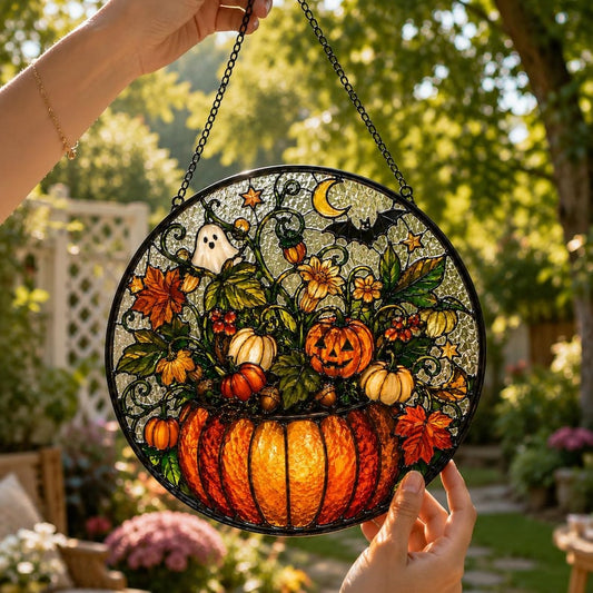 Pumpkin Lantern Garden Stained Glass Suncatcher, Halloween Pumpkin Window Hanging, Ghost Pumpkin Decor, Tiffany Style Fall Sun Catcher Gift