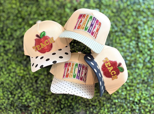 Teacher Hat - Rainbow Sequin with Pattern Brims - Custom Field Day Teacher Hats