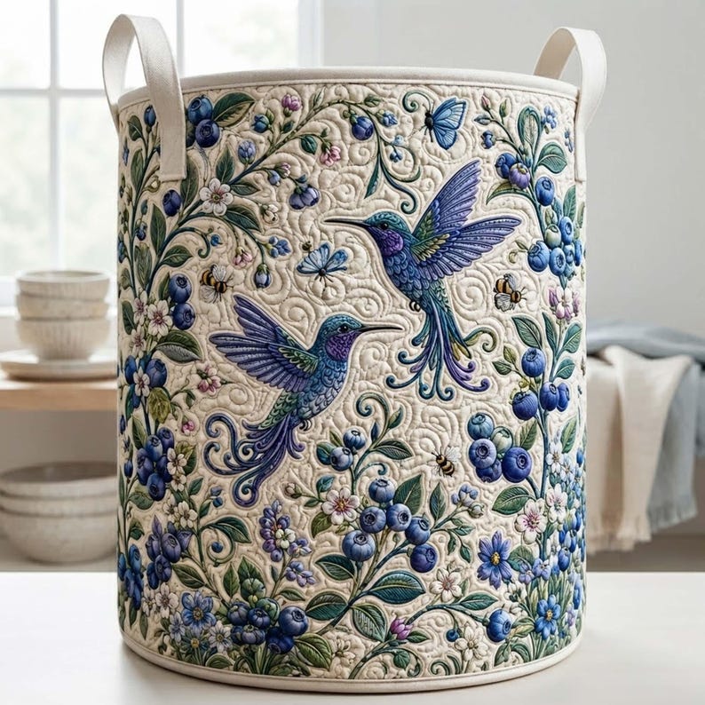 Hummingbird Quilted Laundry Hamper: Bird Floral Storage Bin, Elegant Clothes Hamper